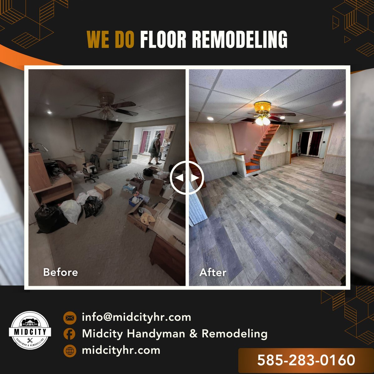 Before and after floor remodeling by Midcity Handyman & Remodeling, carpet replaced with luxury vinyl plank